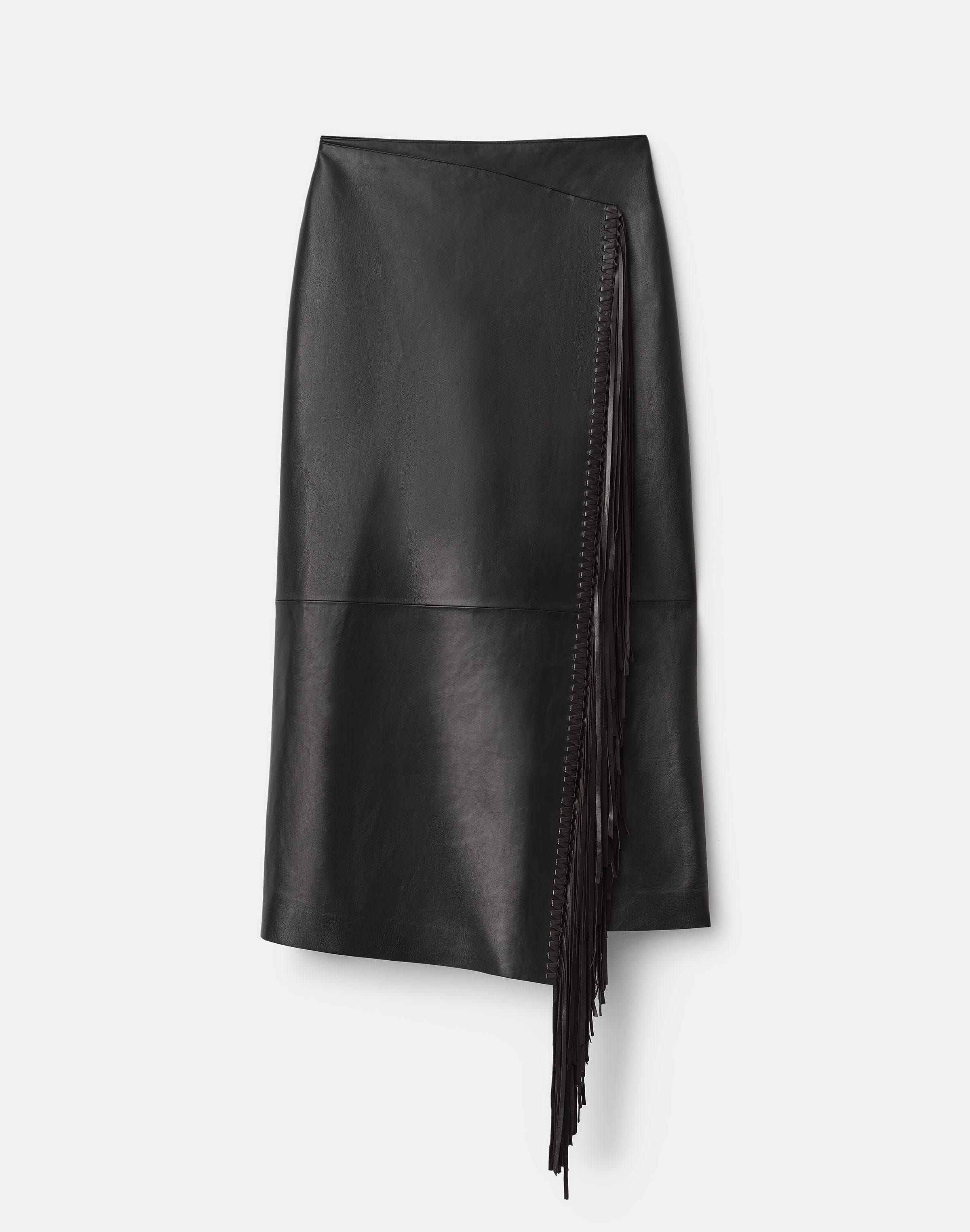 Nappa Leather Whipstitch Fringe Midi Skirt