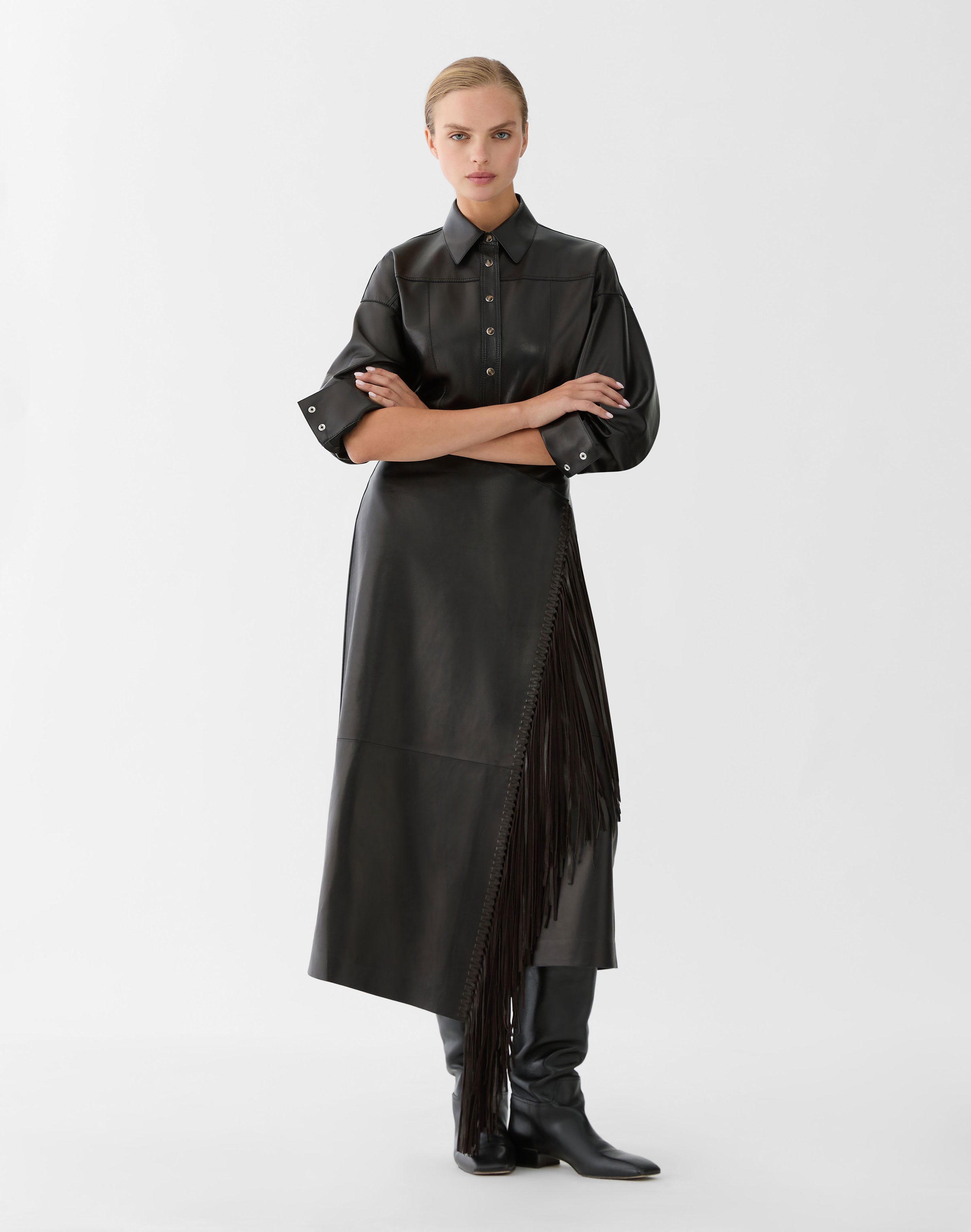 Nappa Leather Whipstitch Fringe Midi Skirt