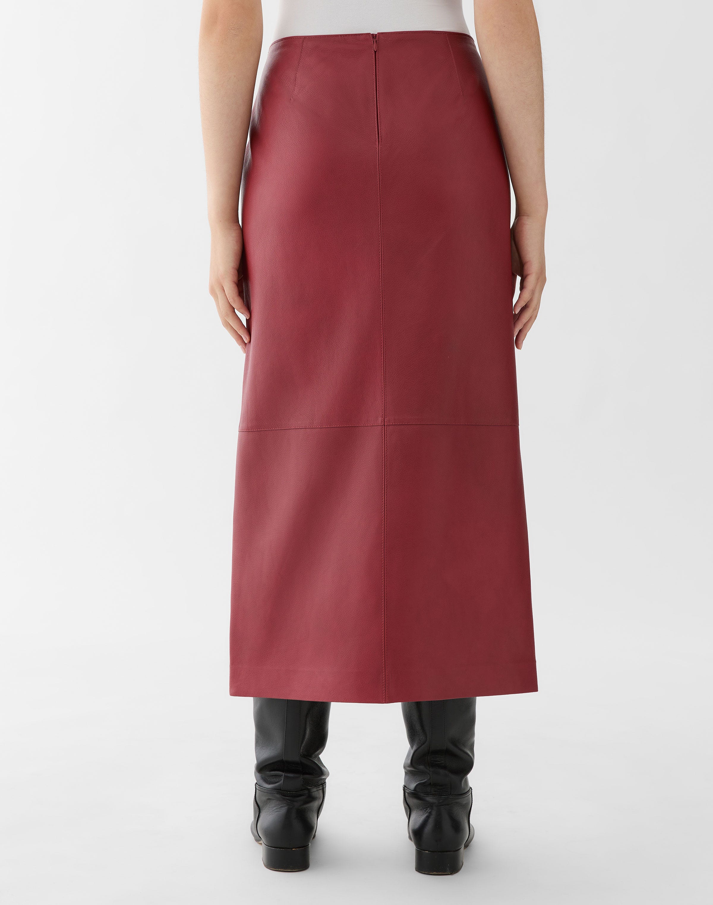 Full Grain Leather Front Slit Midi Skirt