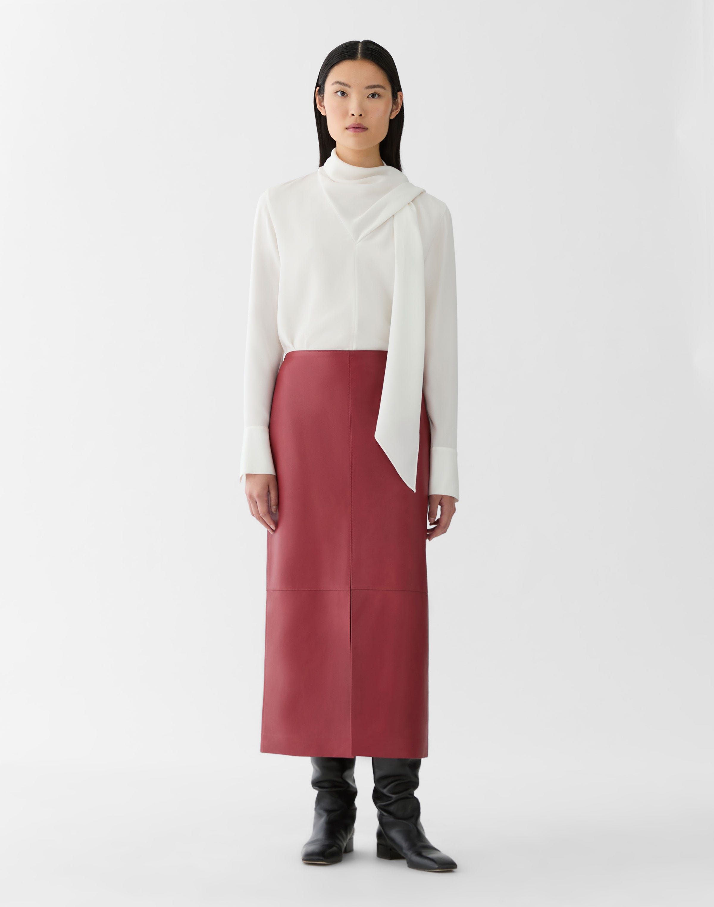 Full Grain Leather Front Slit Midi Skirt
