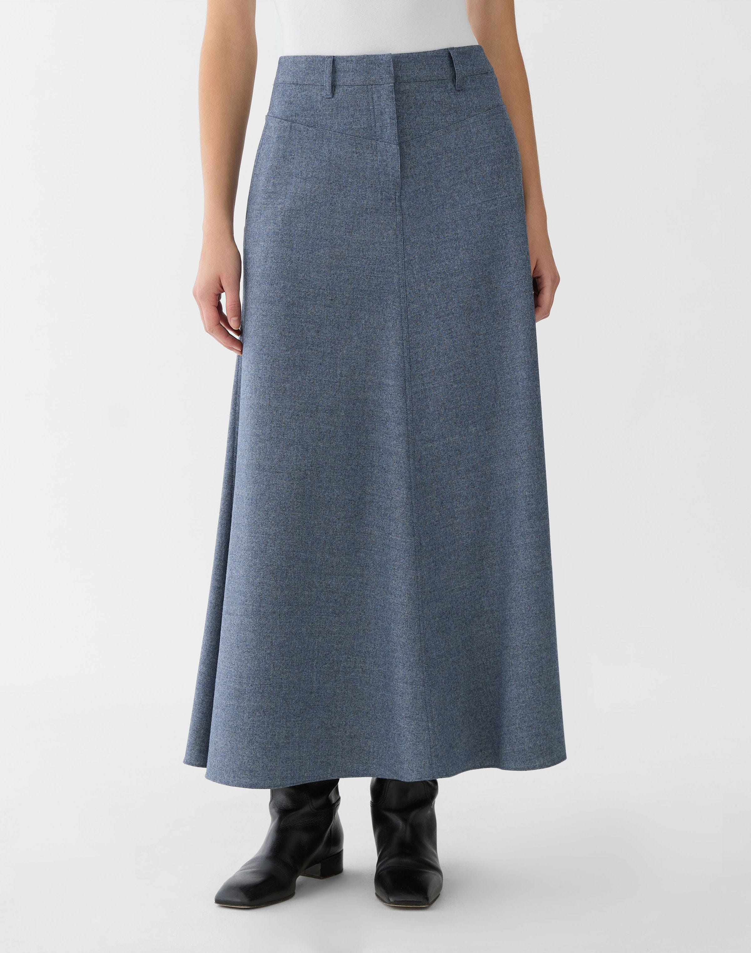 Denim-Effect Wool-Cashmere Flannel Western Skirt