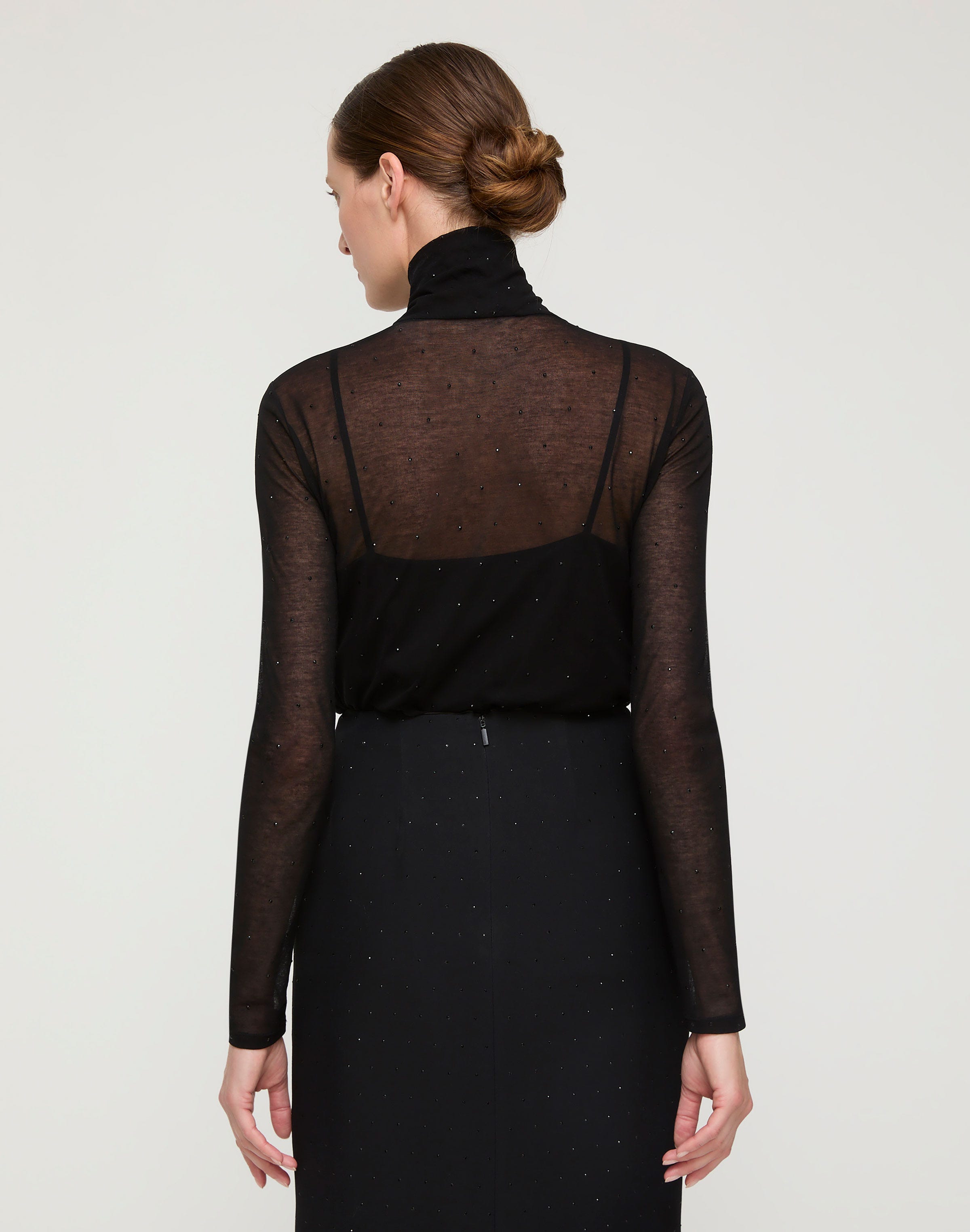 Cotton Jersey Sheer Crystal Embellished Turtleneck