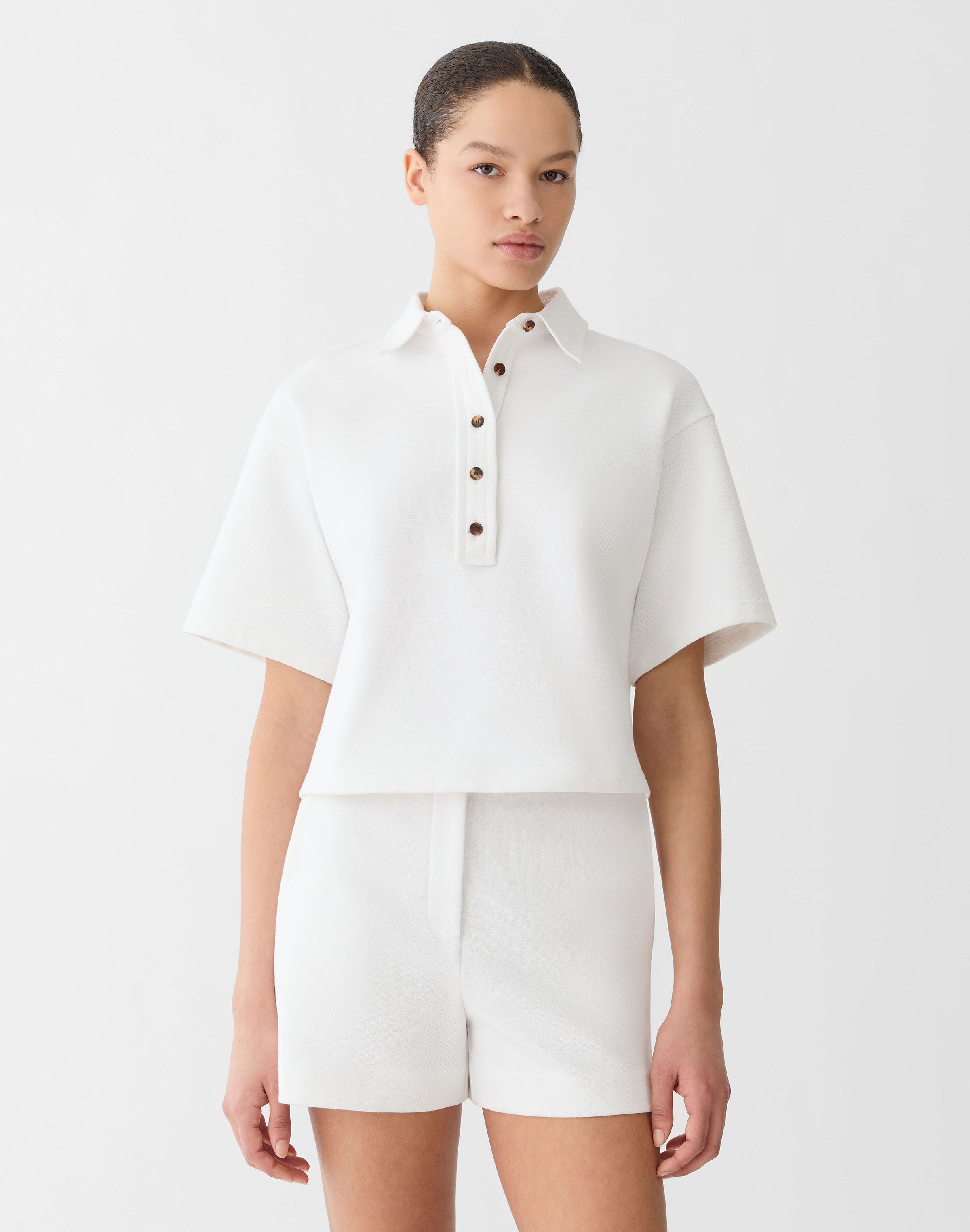 Cotton Piqué Jersey Cropped Polo Top