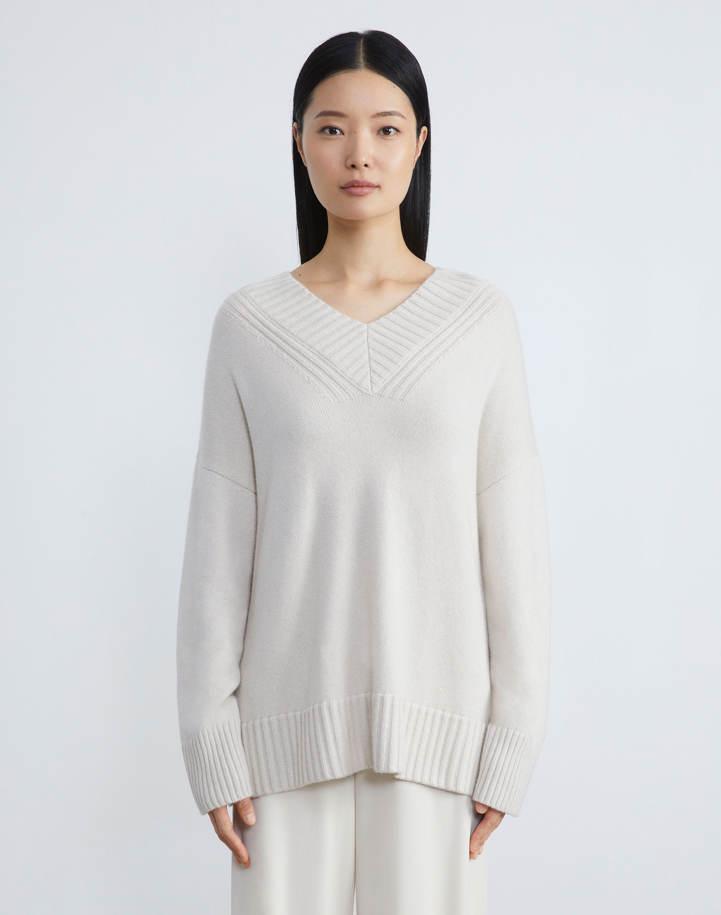 Plus-Size Cashmere Ribbed V-Neck Sweater
