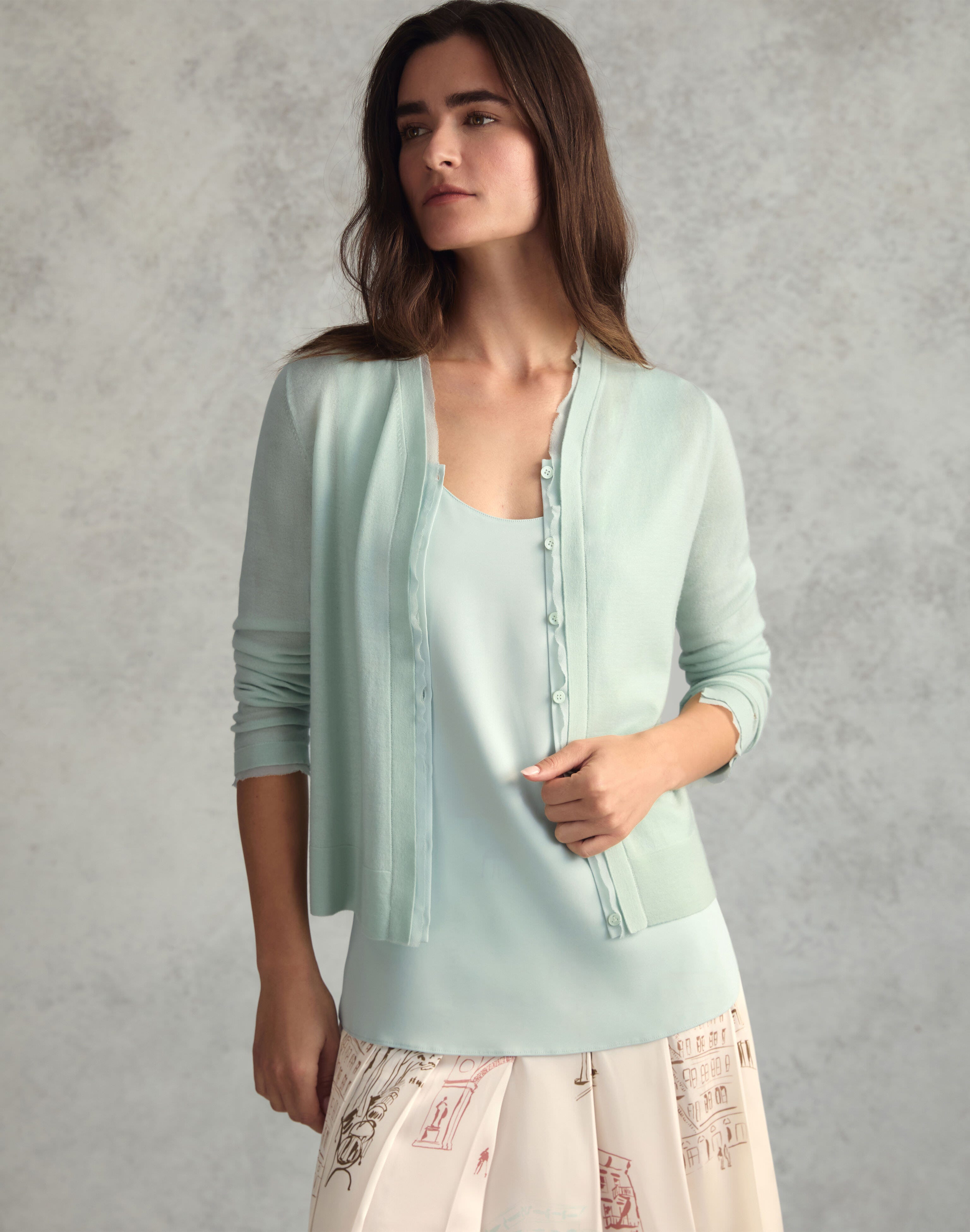 Petite Fine Gauge Cashmere & Silk Chiffon Trim Cardigan 