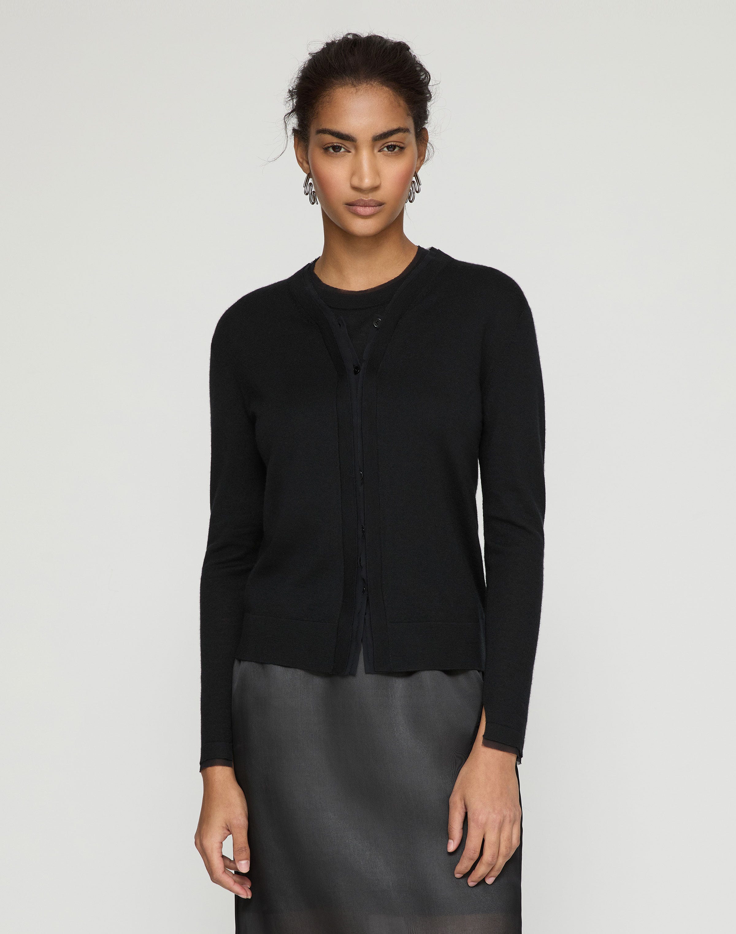 Plus-Size Fine Gauge Cashmere & Silk Chiffon Trim Cardigan 