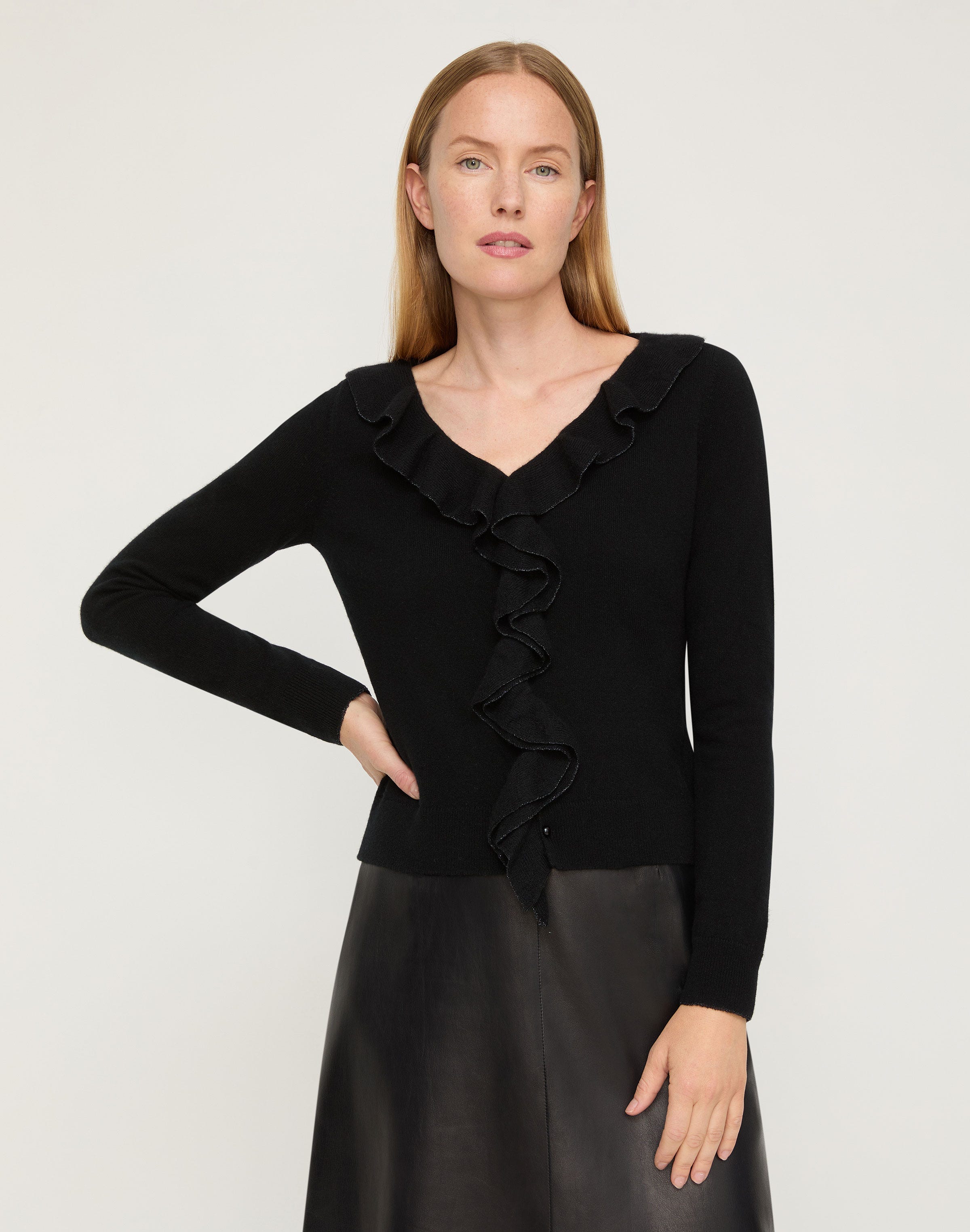 Cashmere Ruffle Trim Button Front Sweater