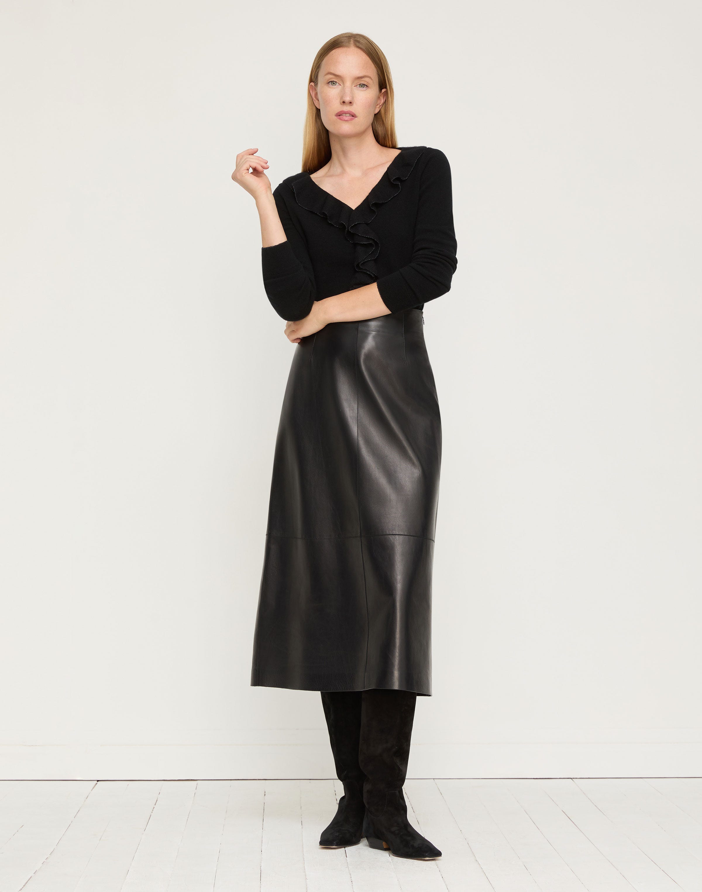 Cashmere Ruffle Trim Button Front Sweater