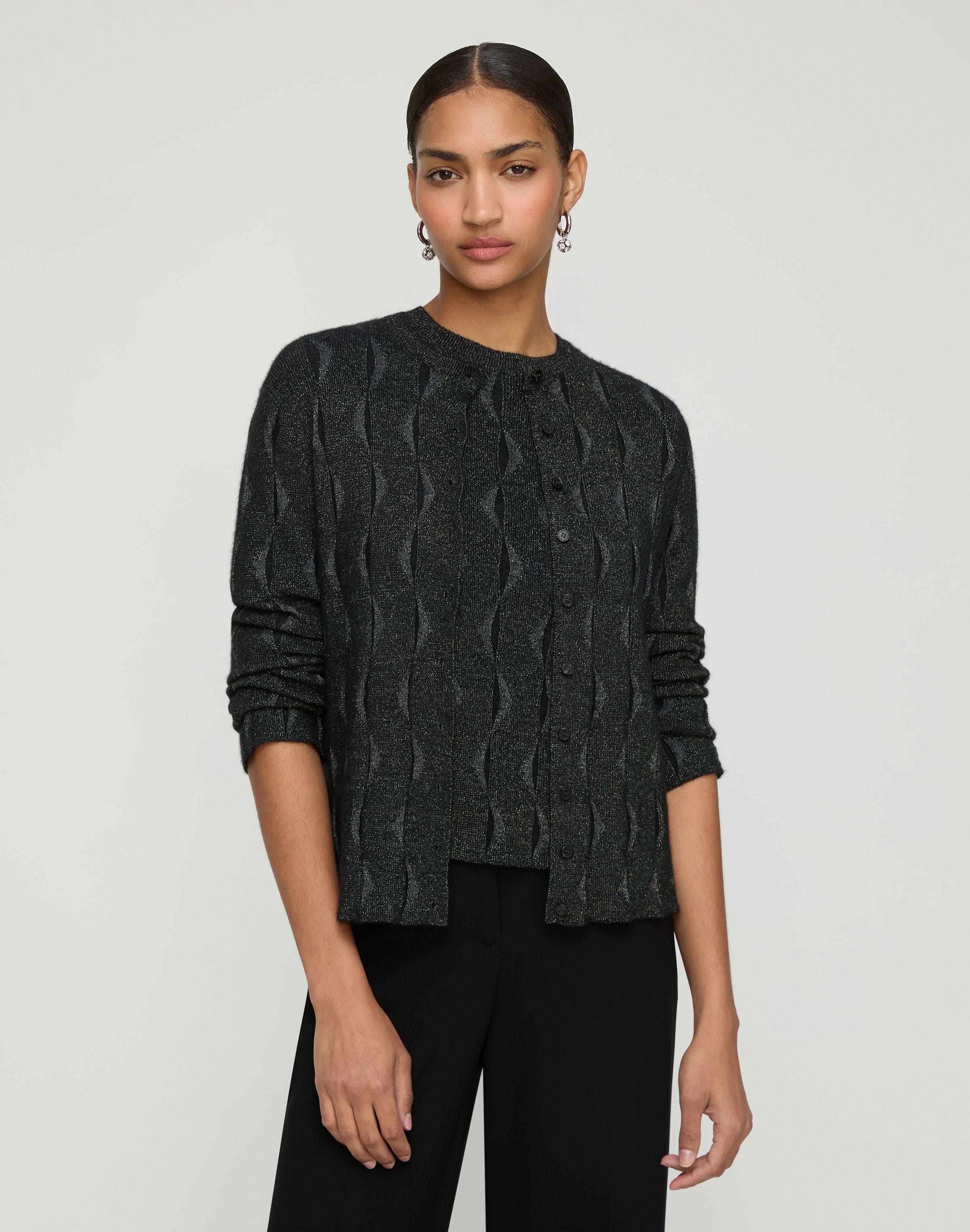 Iridescent Fine Gauge Cashmere Button Front Cardigan