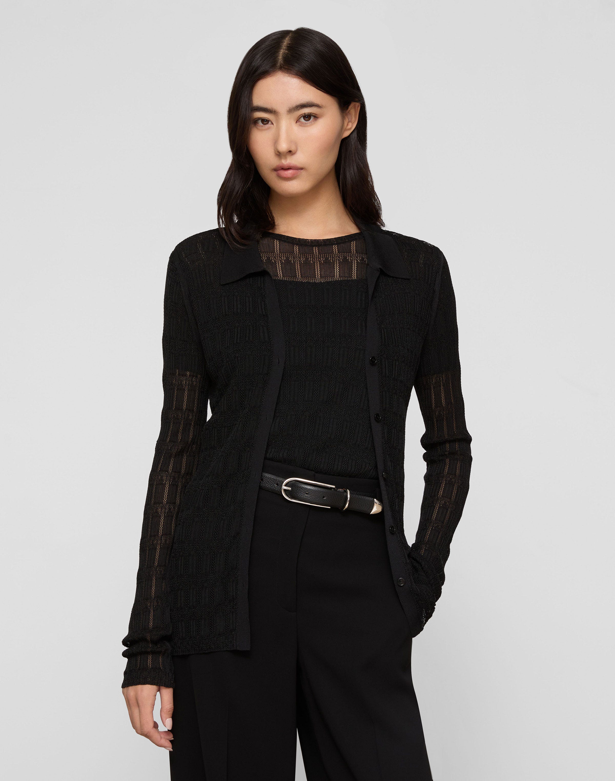 Viscose Lace Stitch Polo Cardigan