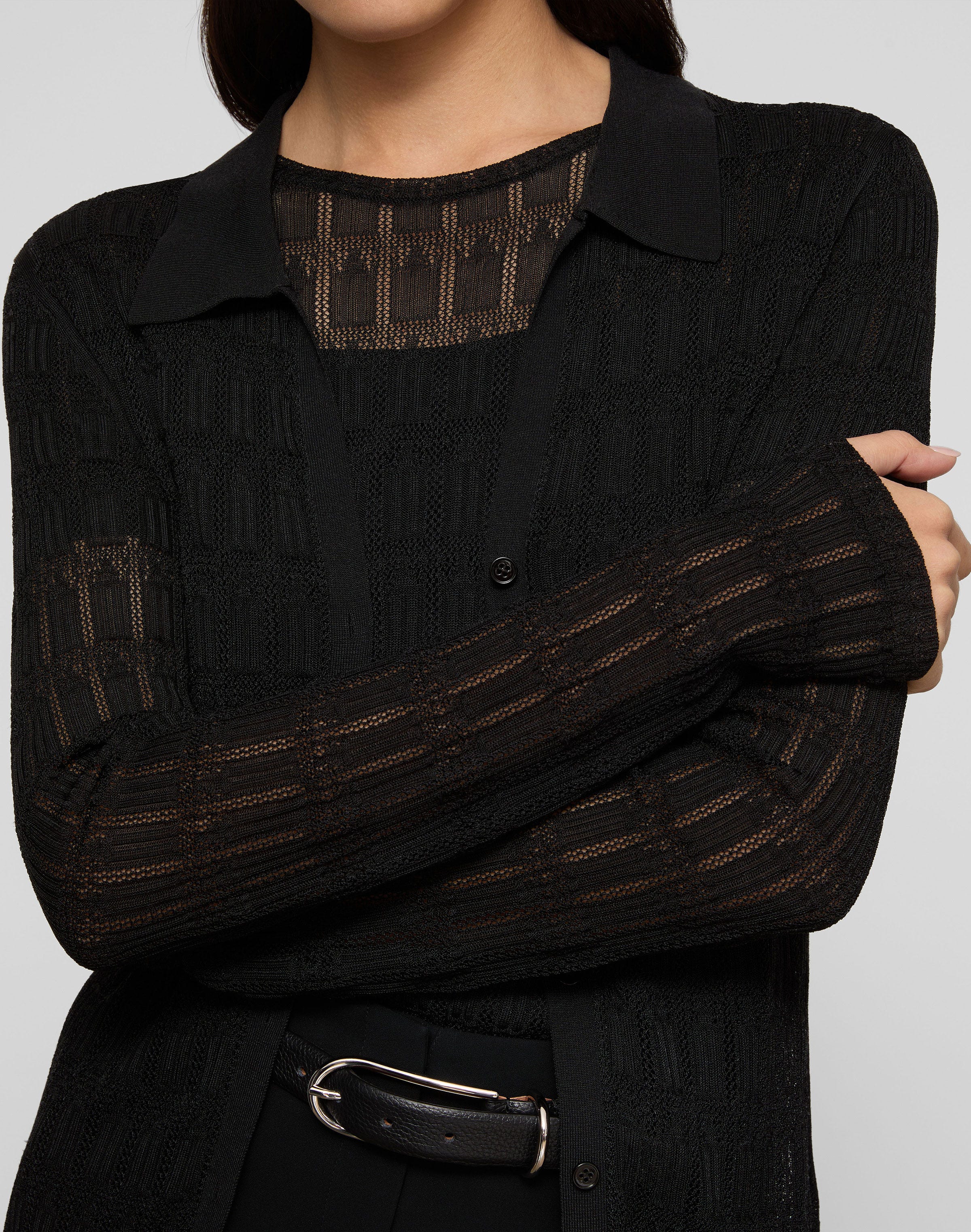 Viscose Lace Stitch Polo Cardigan