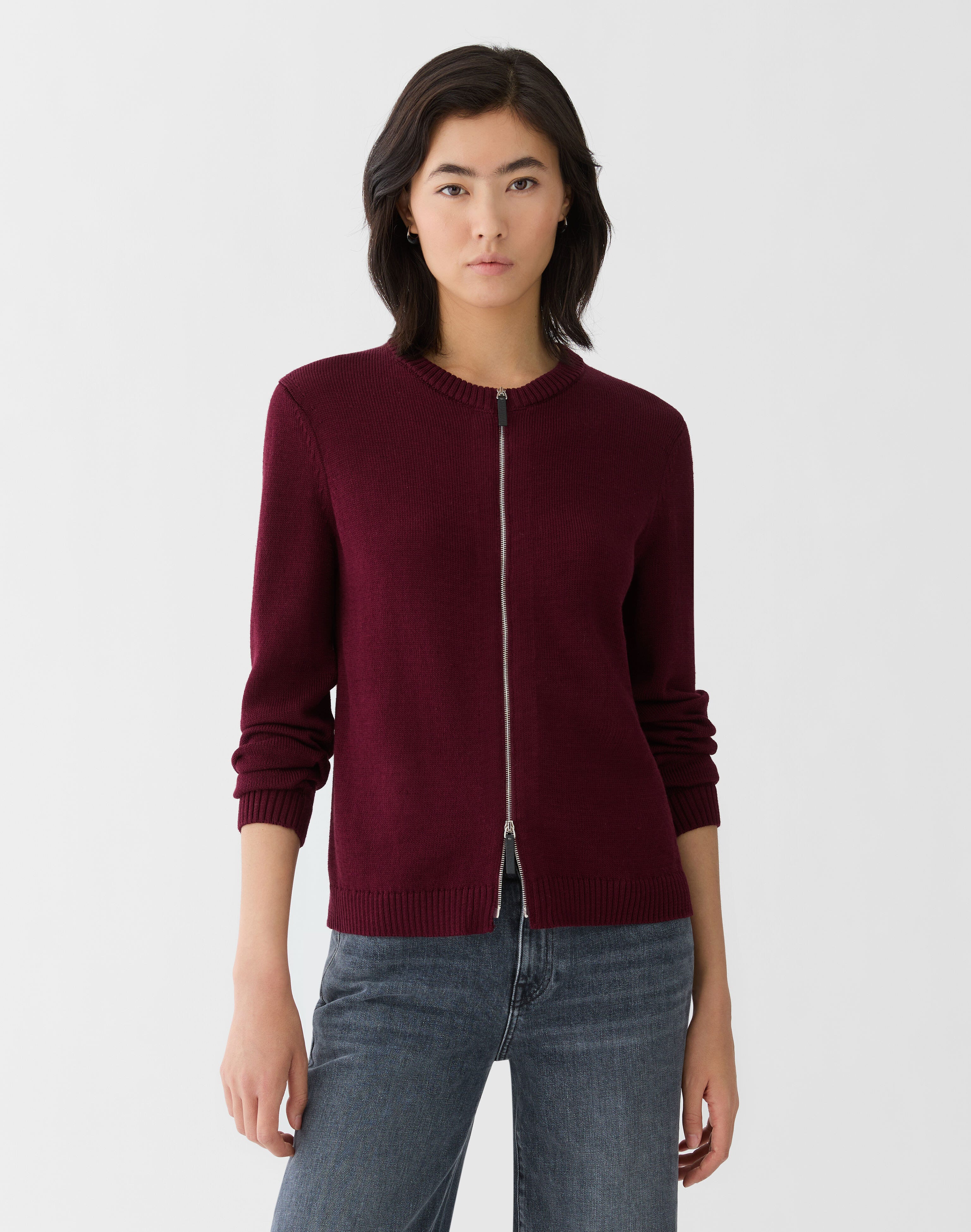 Cotton-Silk Crewneck Bomber Cardigan