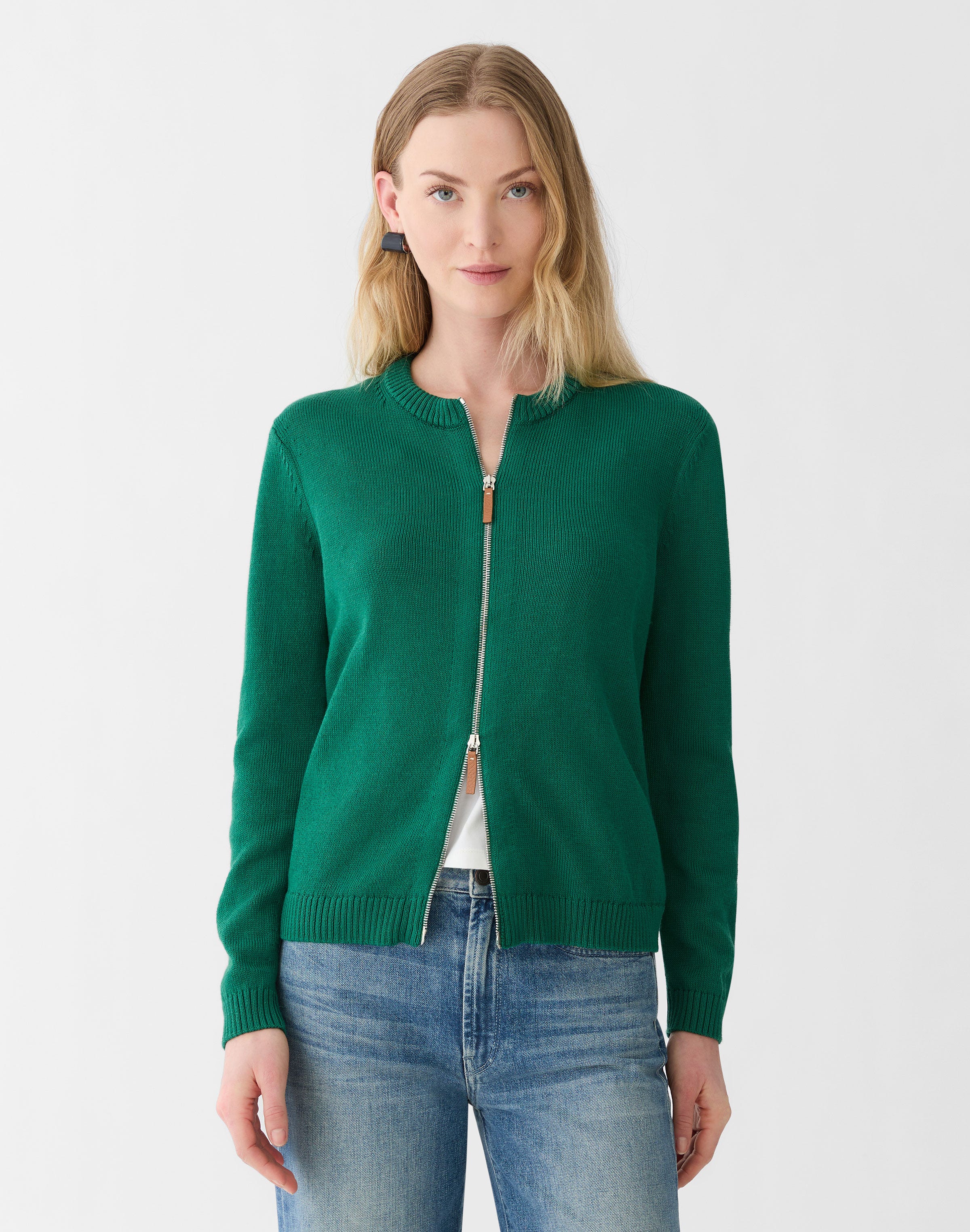 Plus-Size Cotton-Silk Crewneck Bomber Cardigan