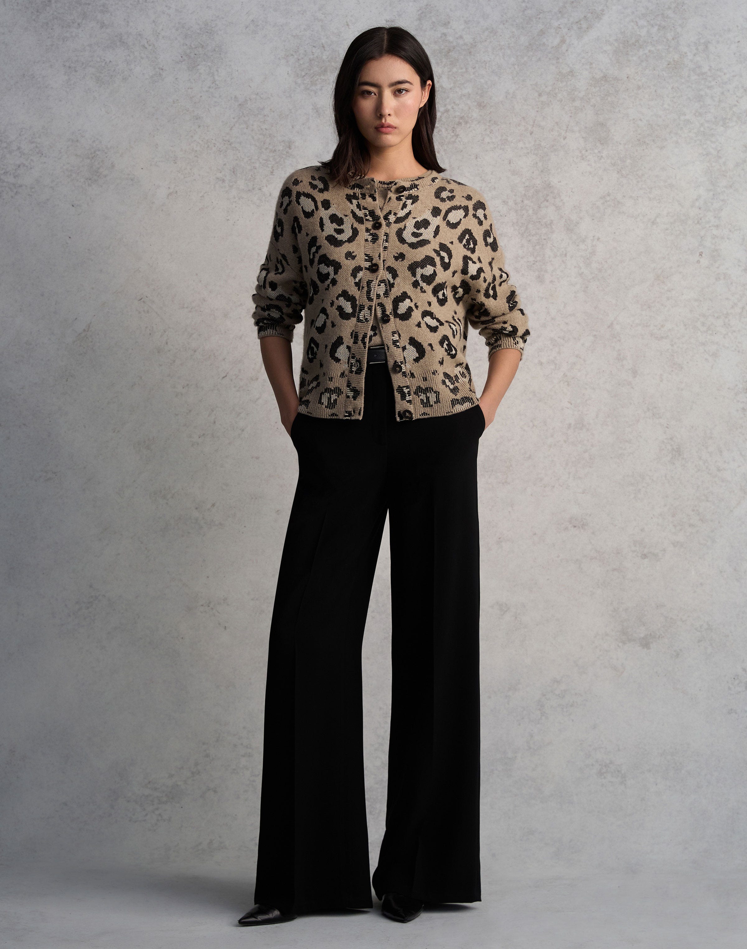 Plus-Size Leopard Jacquard Cashmere-Finespun Voile  Cardigan