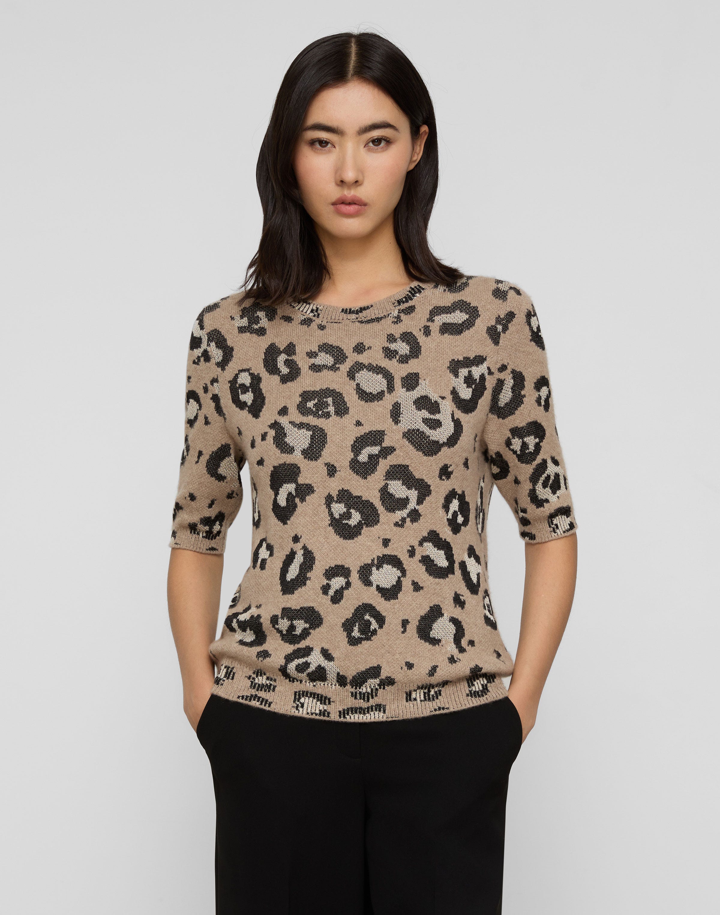 Petite Leopard Jacquard Cashmere-Finespun Voile Sweater