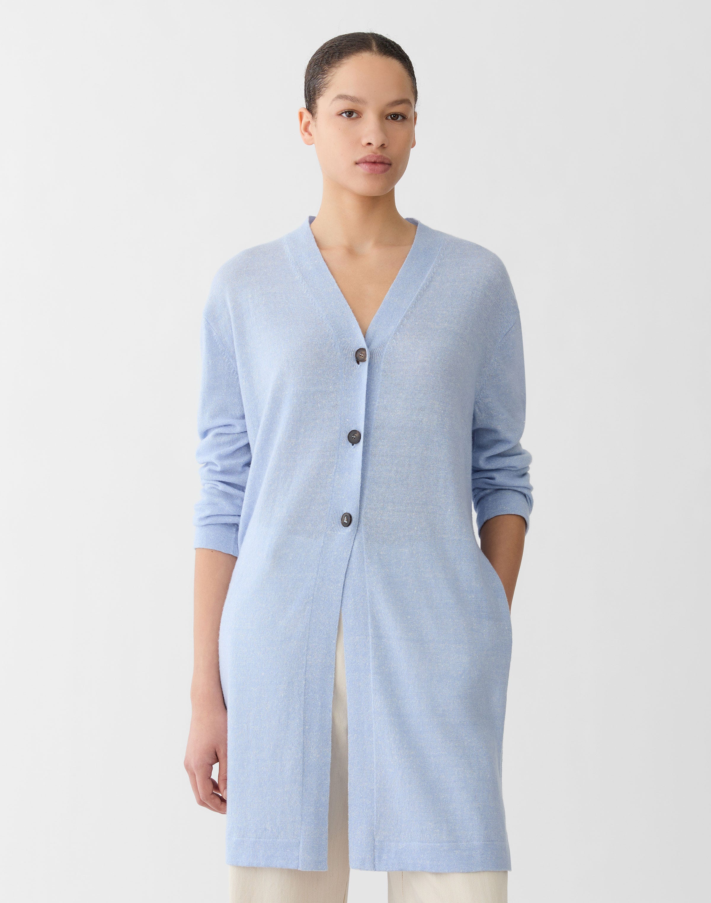 Cashmere-Linen Side Slit Long Cardigan