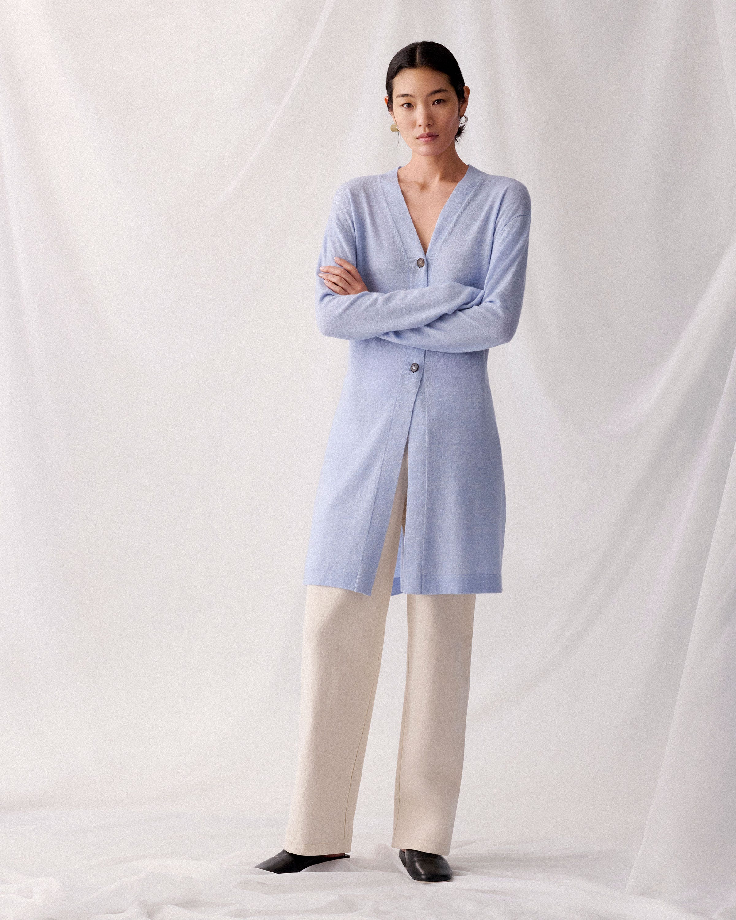 Cashmere-Linen Side Slit Long Cardigan
