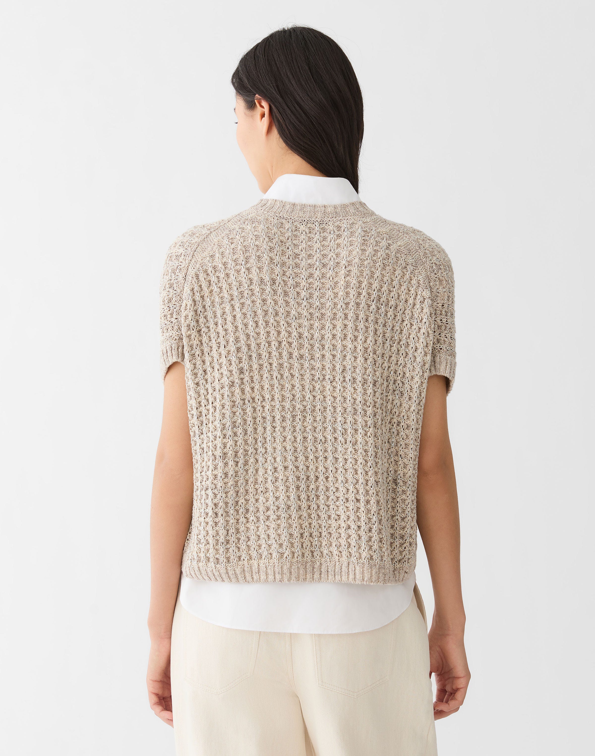 Metallic Flax Linen-Cotton Pointelle Sweater