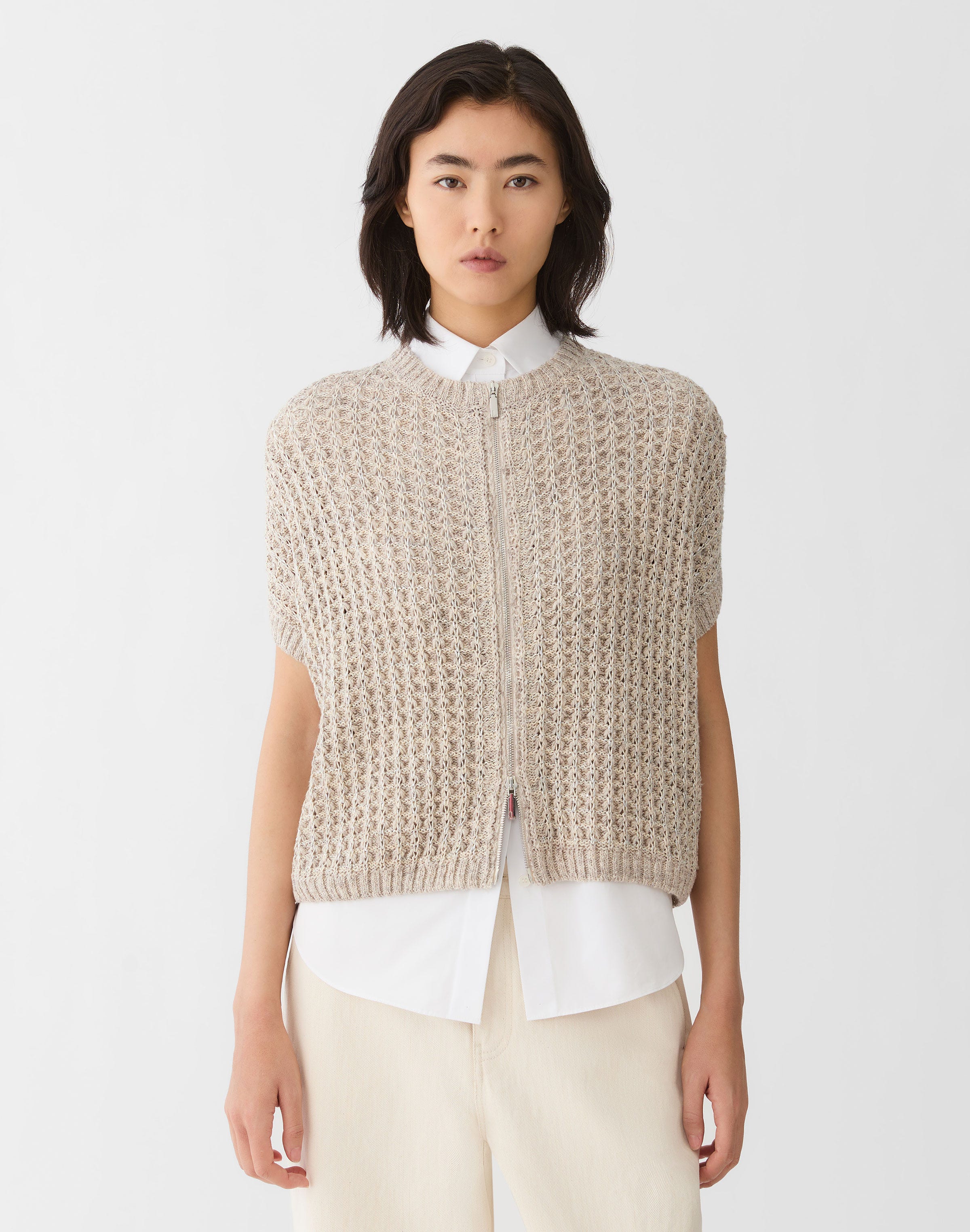 Metallic Flax Linen-Cotton Pointelle Sweater