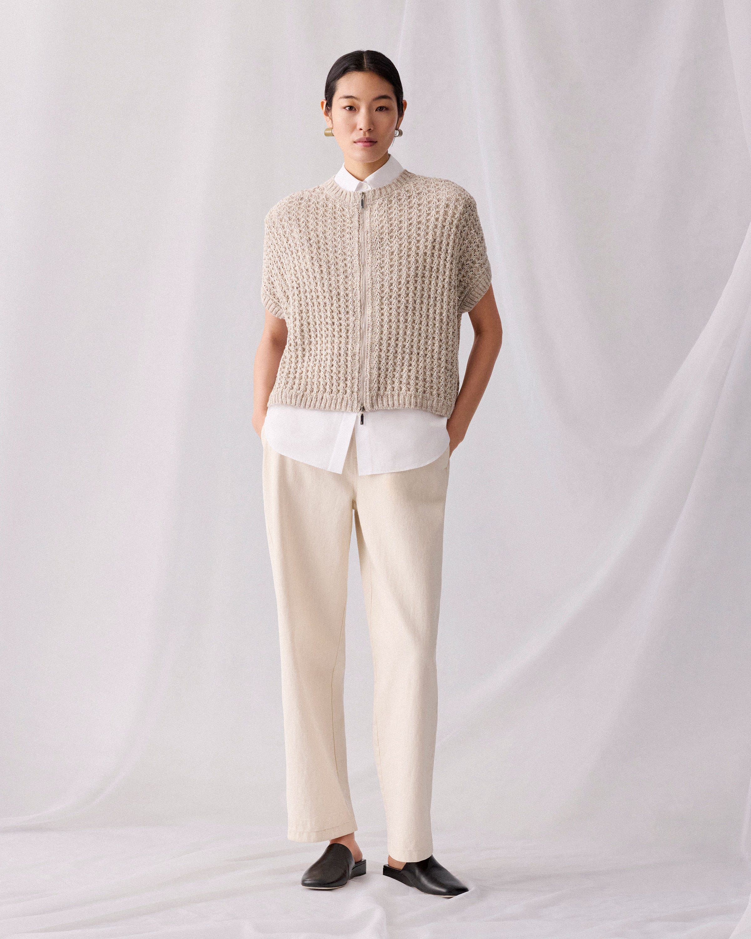 Metallic Flax Linen-Cotton Pointelle Sweater