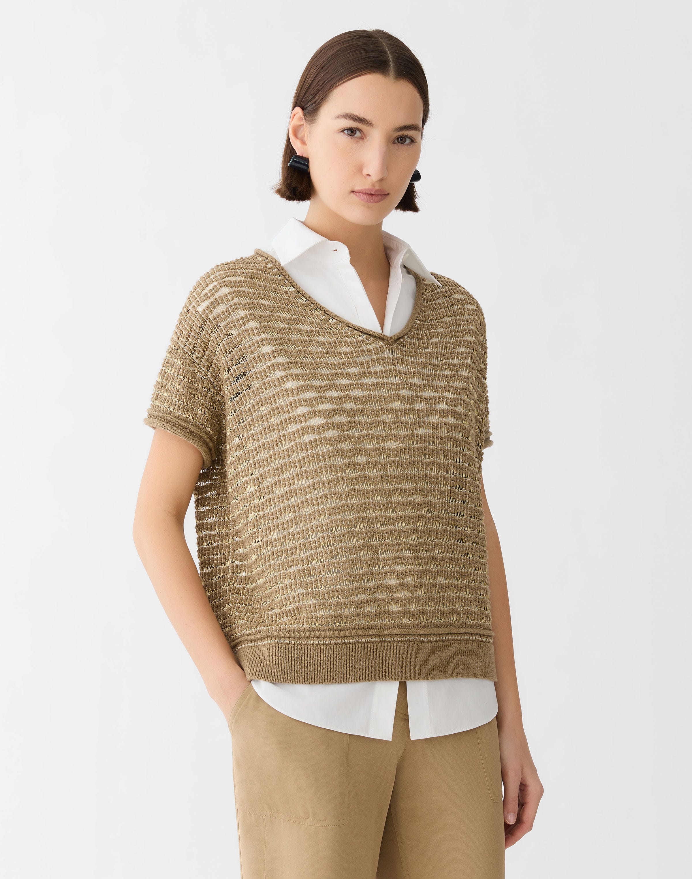 Metallic Cotton-Wool Chainette Short Sleeve Sweater