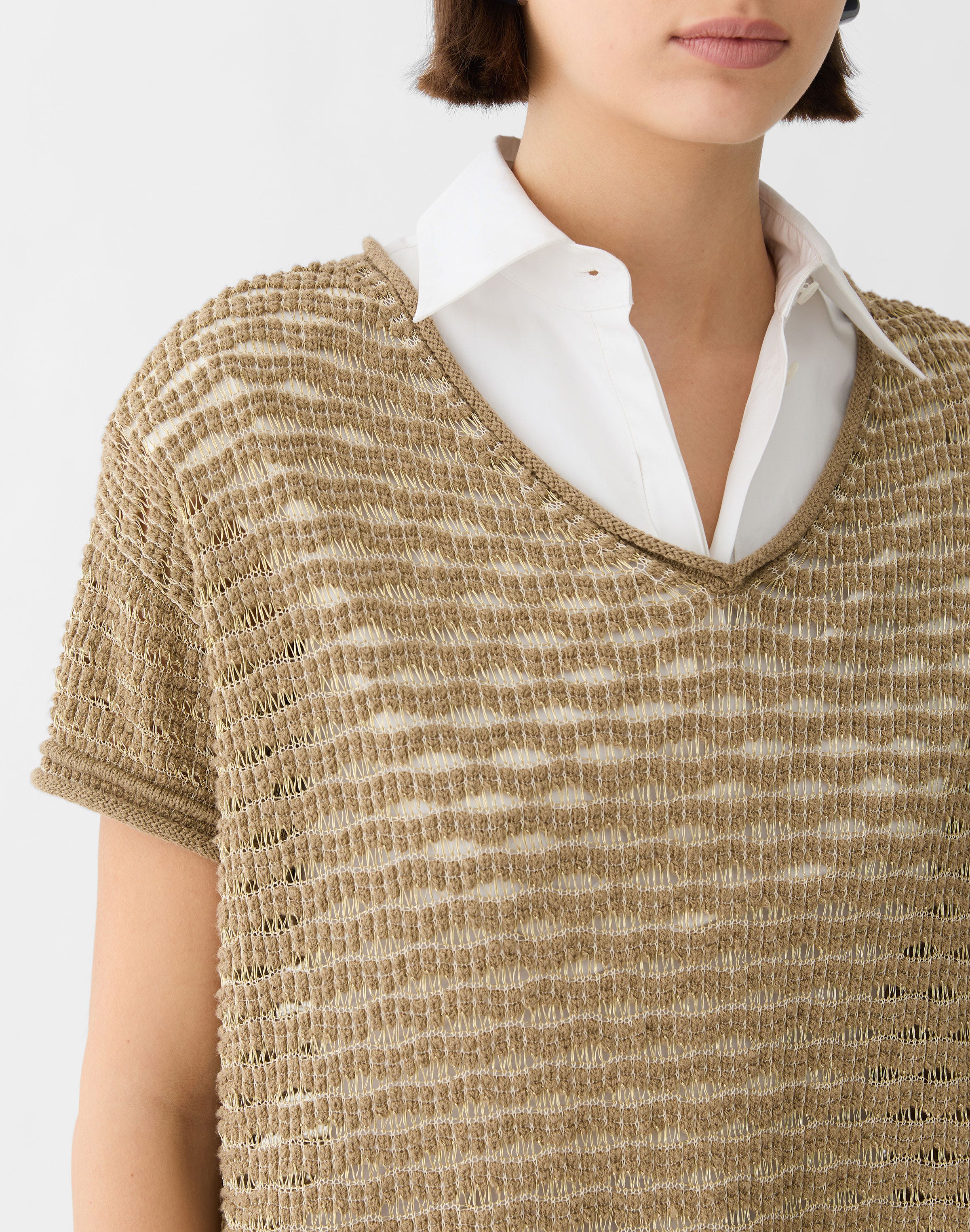 Metallic Cotton-Wool Chainette Short Sleeve Sweater
