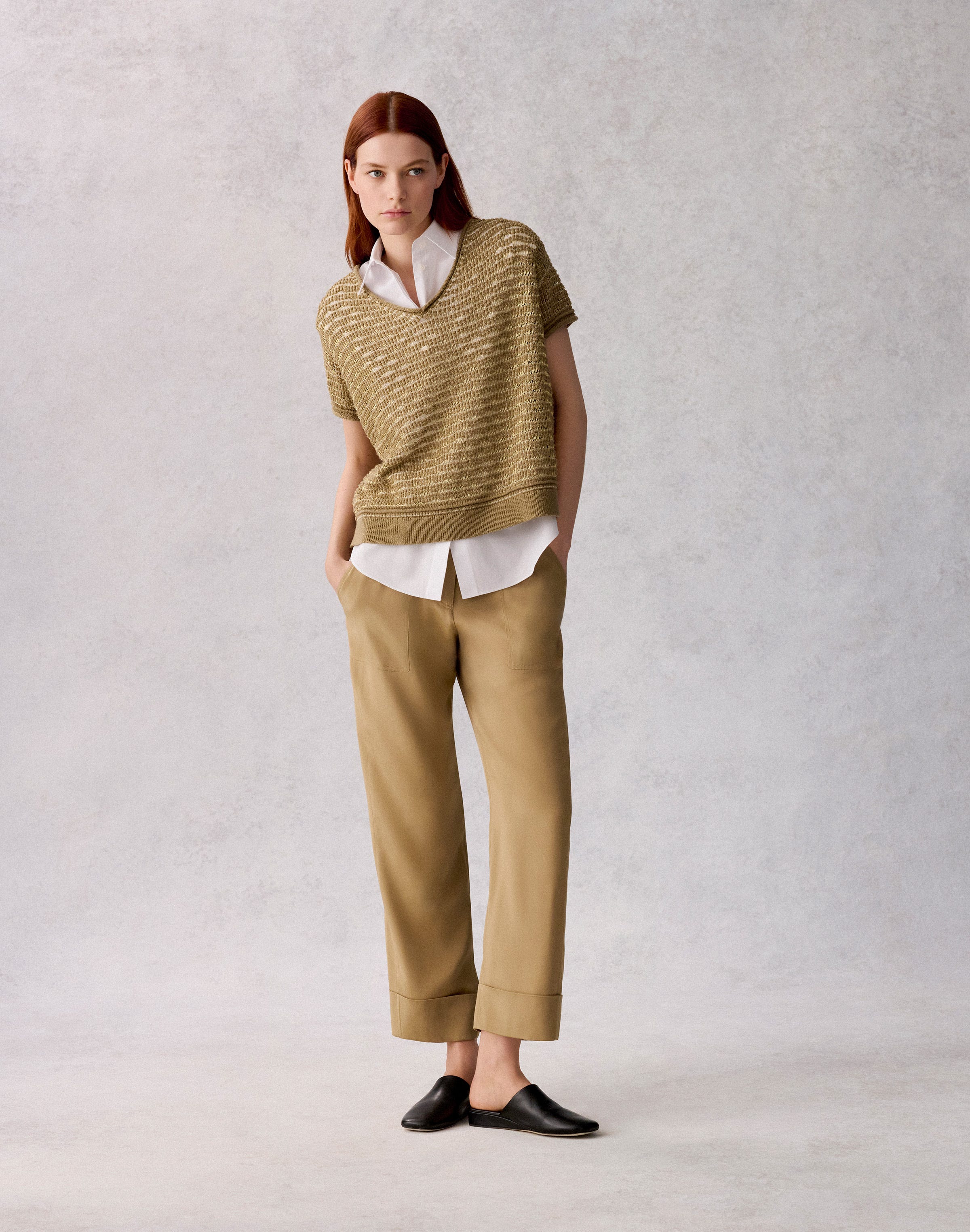 Metallic Cotton-Wool Chainette Short Sleeve Sweater
