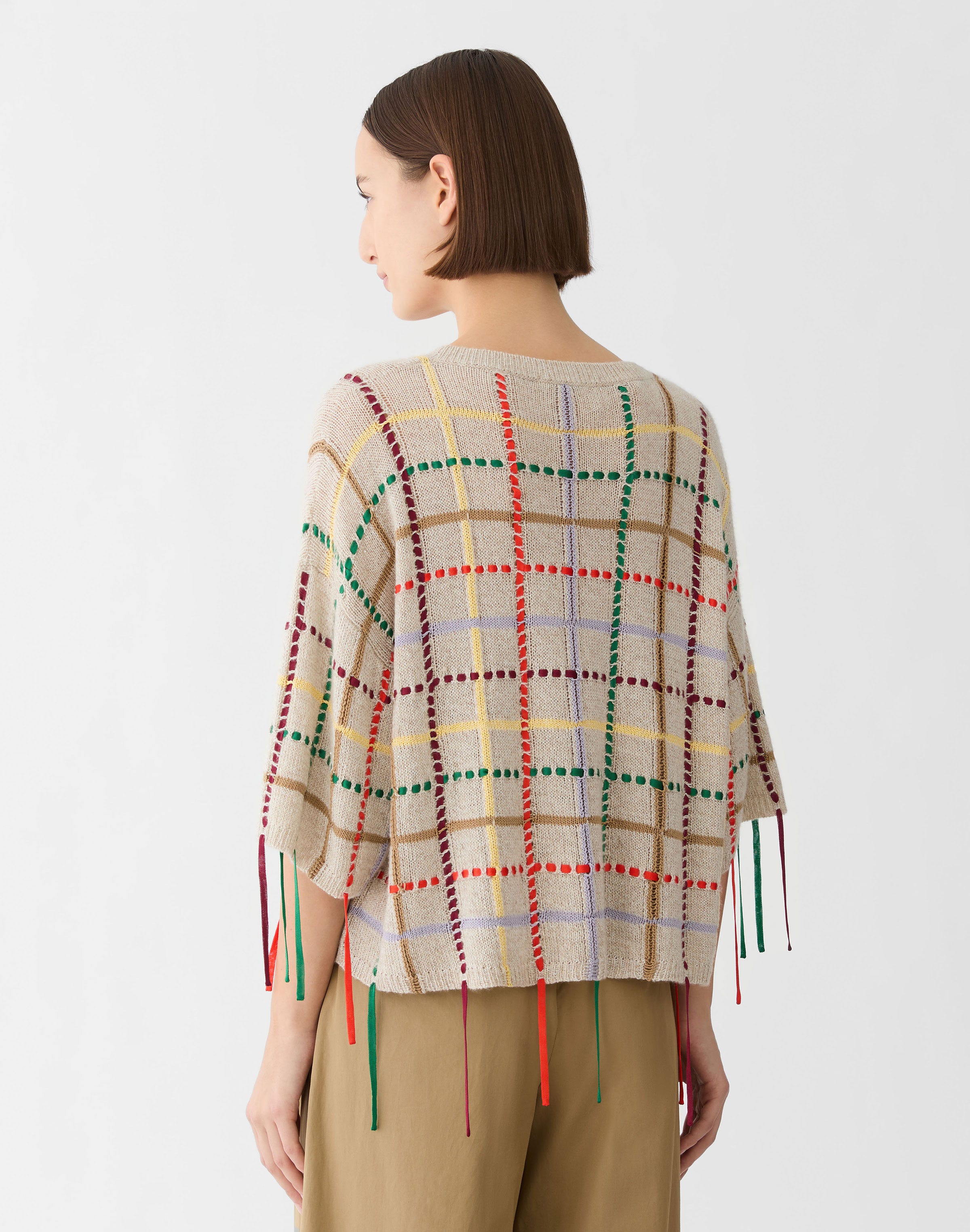 Cashmere Grid Hand Fringed Sweater