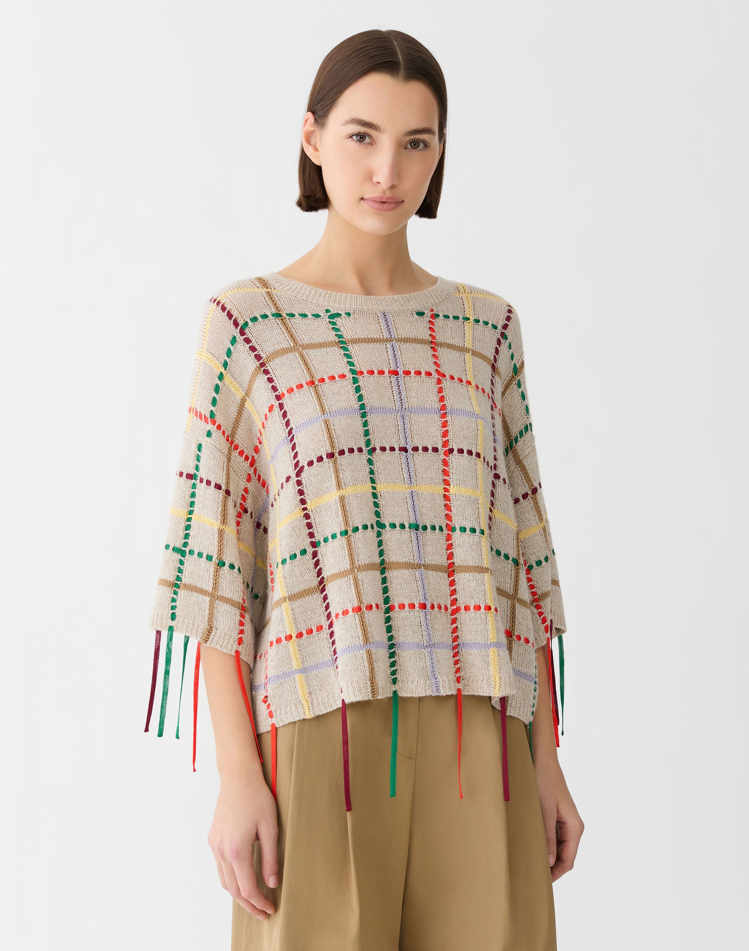 Cashmere Grid Hand Fringed Sweater