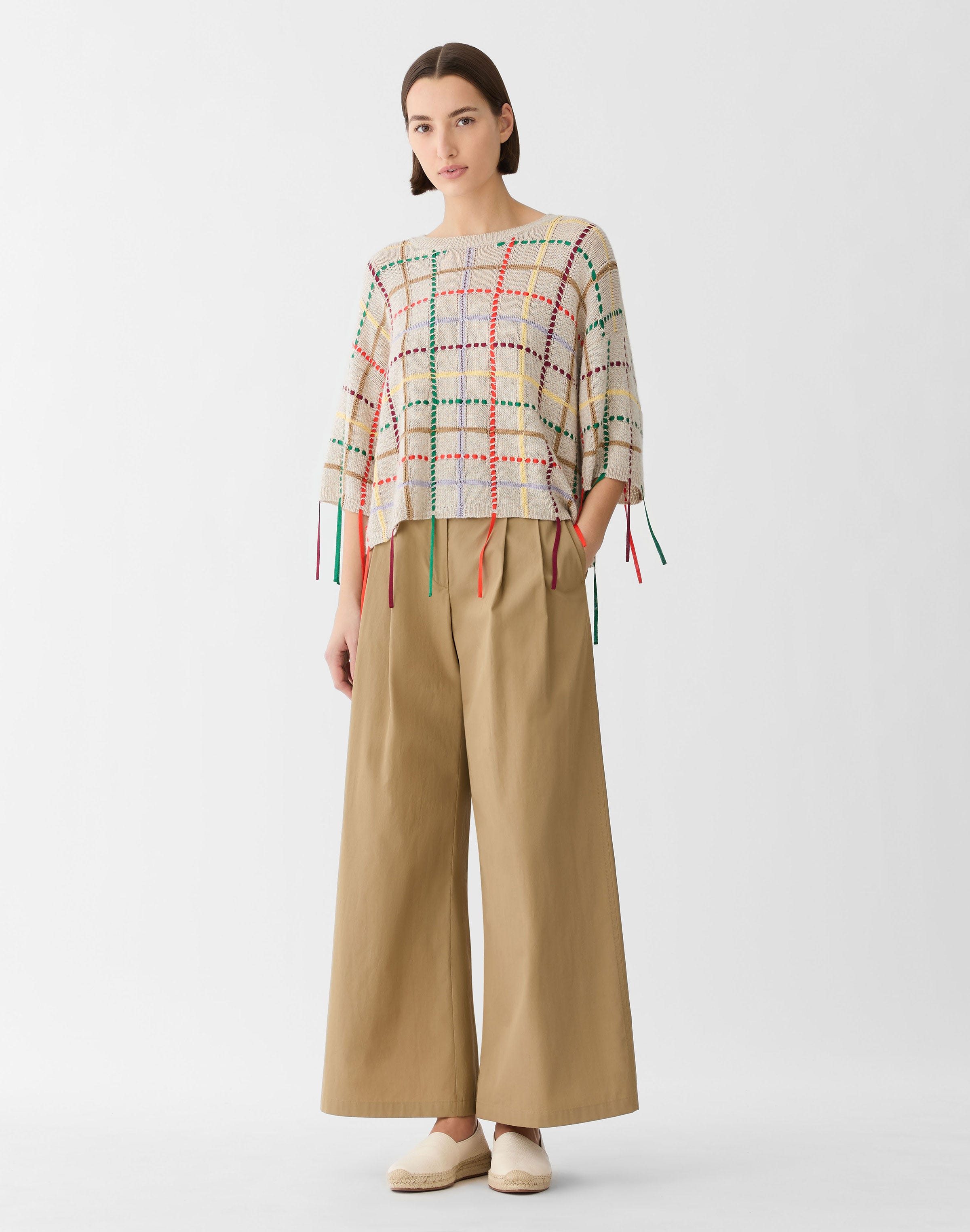 Cashmere Grid Hand Fringed Sweater