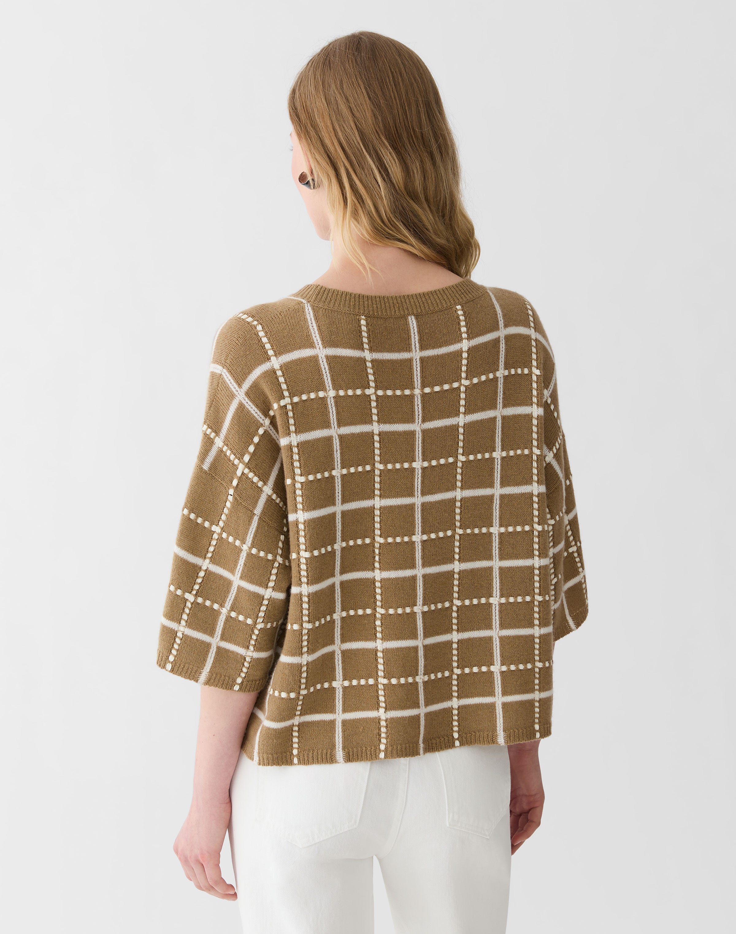 Cashmere-Linen Hand Embellished Grid Sweater