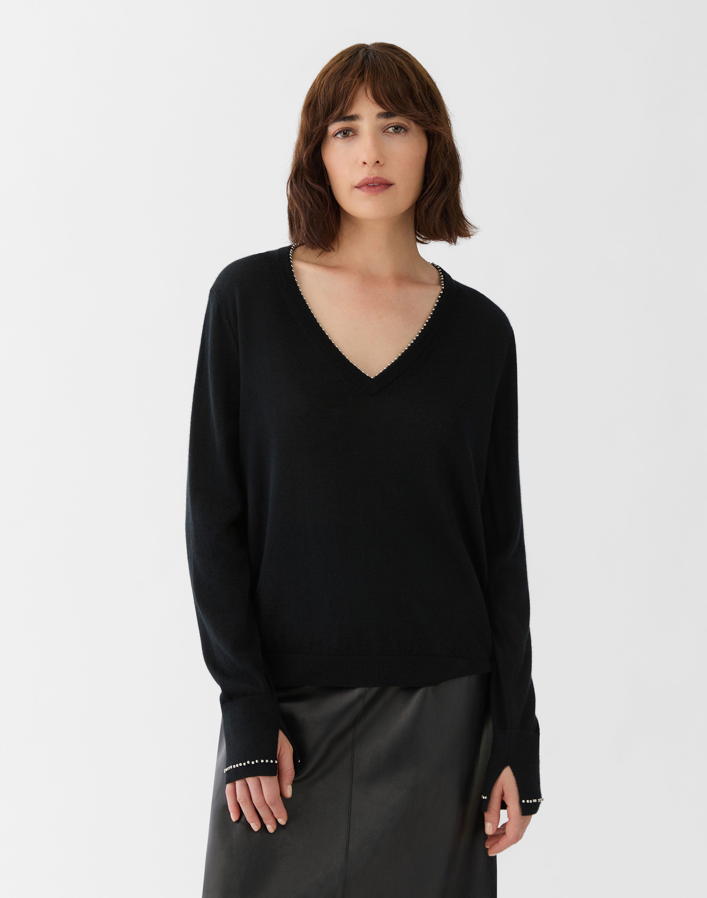 Fine Gauge Cashmere Hand Beaded V-Neck Sweater