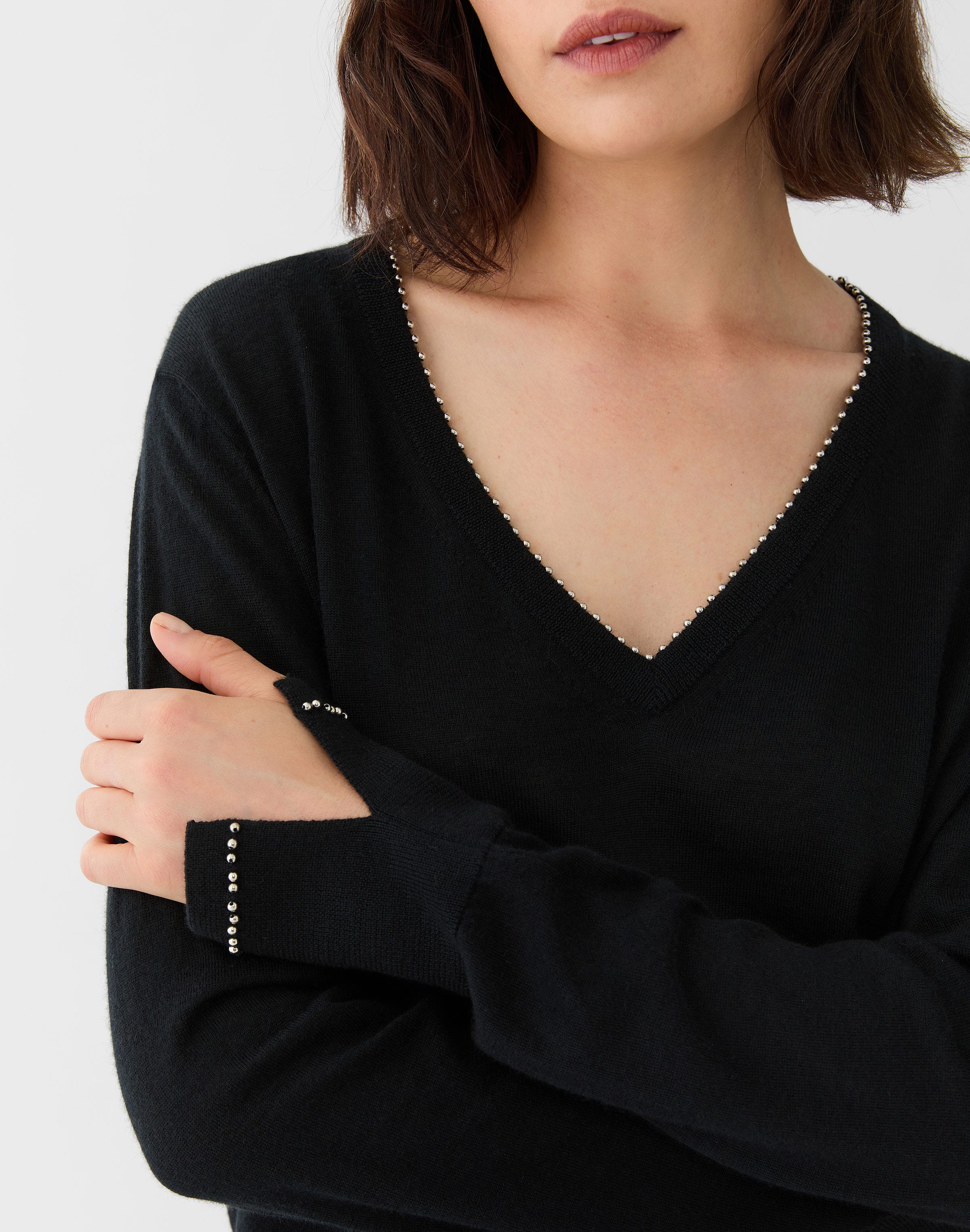 Fine Gauge Cashmere Hand Beaded V-Neck Sweater